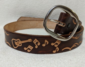 Personalized Tooled Leather Belt, with Guitar  and Music Notes, Custom Belt, Handmade Belt