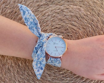 Montre femme foulard Bleu ciel bracelet tissu bleu Montre ruban Montre femme tissu Liberty mitsi valeria bleu cadeau fête des mères