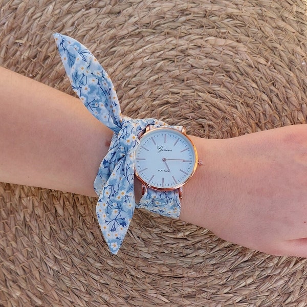 Montre femme foulard Bleu ciel bracelet tissu bleu Montre ruban Montre femme tissu Liberty mitsi valeria bleu cadeau fête des mères