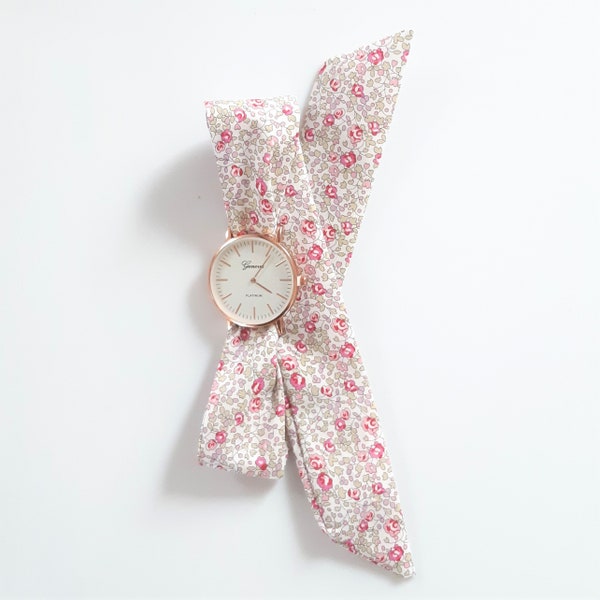 Montre foulard femme à nouer bracelet tissu Liberty bracelet Eloise rose Cadeau fêtes des mères