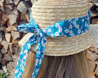 Ruban tissu foulard bleu chapeau ceinture foulard femme bleu cadeau femme personnalisé