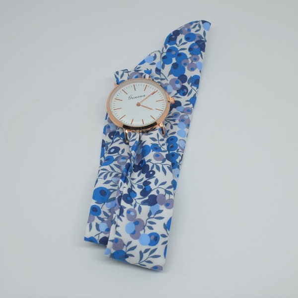 Montre ruban cadeau fait main Montre tissu Montre bracelet tissu Montre Liberty Montre bracelet  Montre femme tissu Liberty wiltshire bleu