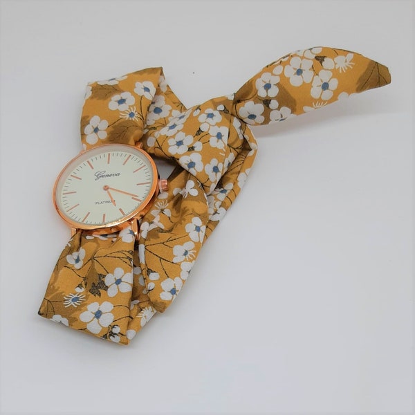 Montre bracelet foulard femme Montre foulard moutarde Montre bracelet  Montre femme tissu Liberty Mitsi moutarde cadeaux fête des mères