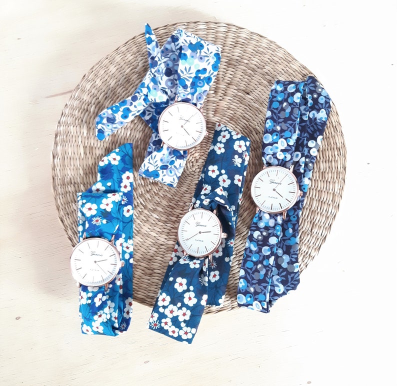 Blue scarf watch bracelet Women's fabric bracelet watch Liberty blue watch handmade gift Women's blue watch Mother's Day gift image 5