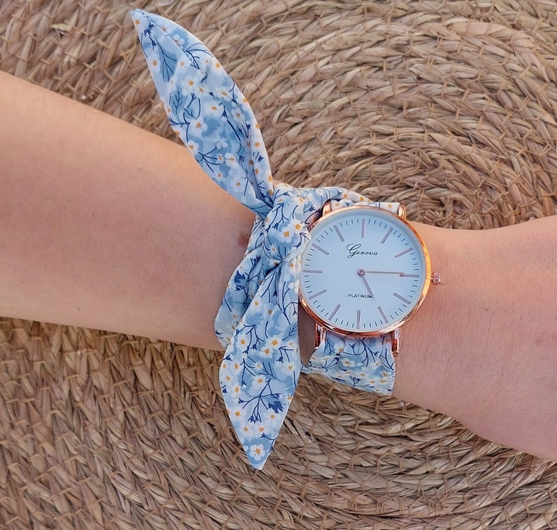 Montre femme foulard Bleu ciel bracelet tissu bleu Montre ruban Montre femme tissu Liberty mitsi valeria bleu cadeau fête des mères image 2