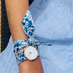 Blue scarf strap watch, Women's watch with flower fabric strap, Liberty blue watch, handmade gift, Blue women's watch, Christmas gift for women
