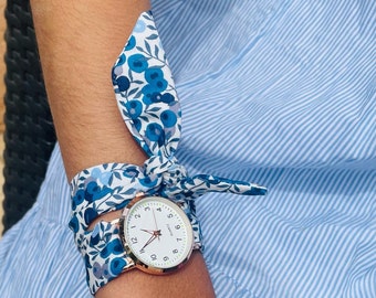 Blaues Schal-Uhrenarmband Damen-Armbanduhr aus Stoff, Liberty-blaue Uhr, handgefertigtes Geschenk, blaue Damenuhr, Muttertagsgeschenk