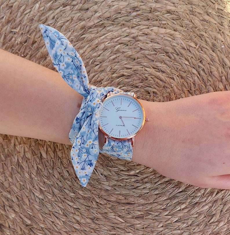 Montre femme foulard Bleu ciel bracelet tissu bleu Montre ruban Montre femme tissu Liberty mitsi valeria bleu cadeau fête des mères image 1