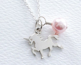 Unicorn Charm and Swarovski Birthstone Pearl Sterling Silver Necklace, Princess Jewelry Gift for Daughter, Sister, Niece, Flower Girl