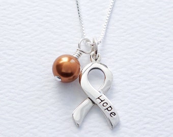 Leukemia, Kidney Cancer, Multiple Sclerosis, ADHD Sterling Silver Awareness Necklace, FREE SHIPPING, Orange Swarovski Pearl, Survivor, Hope