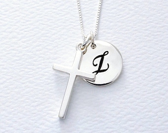 Cross and Initial Disc Sterling Silver Necklace, FREE SHIPPING, Letter Charm Women&#39;s Christian Cross, Religious Baptism Communion Jewelry