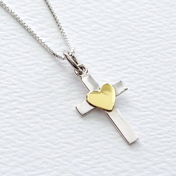 Sterling Silver Cross and Bronze Heart Necklace, Christian Cross Jewelry, Women's Faith 925 Sterling Silver Cross Necklace, FREE SHIPPING