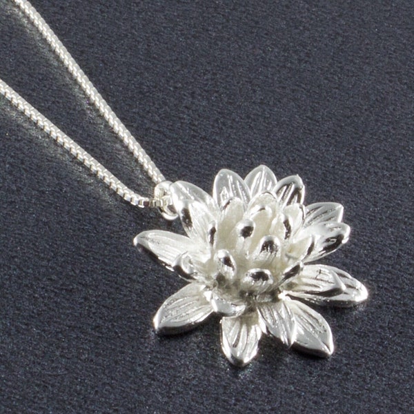 Sterling Silver Lotus Flower Pendant Necklace, Mothers Day Jewelry Gift, Anniversary Necklace, Botanical Blossom Nature Charm, FREE SHIPPING