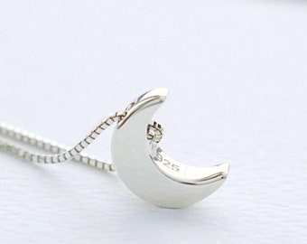 Mini Crescent Moon Sterling Silver Necklace, FREE SHIPPING, Petite Lunar Moon Jewelry, Girl's Celestial Moon Charm Birthday Necklace Gift