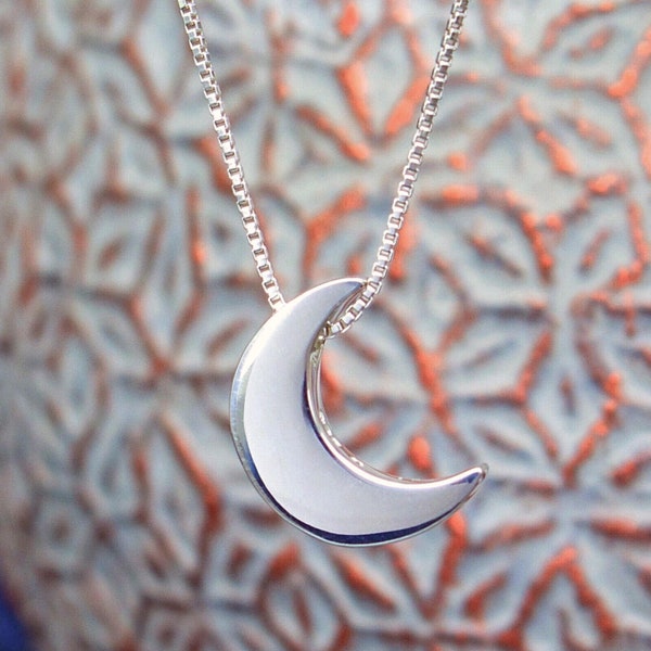 Sterling Silver Crescent Moon Bead Necklace, FREE SHIPPING Simple Floating Moon Charm, Minimal Celestial Moon Jewelry, Personalize Gift Card