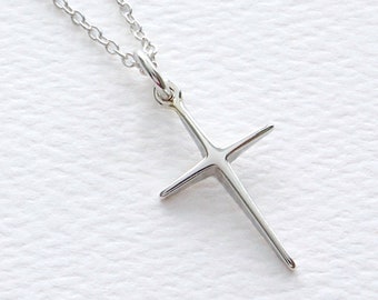 Sterling Silver Dainty Cross Necklace, Christmas Star Cross Jewelry Spiritual Gift, Women's Religious Faith Cross Pendant, FREE SHIPPING