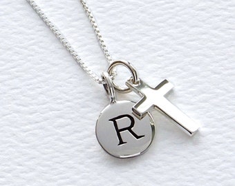 Petite Cross and Initial Disc Sterling Silver Necklace, FREE SHIPPING, Christian Cross Charm, Round Letter Charm,  Religious Faith Jewelry