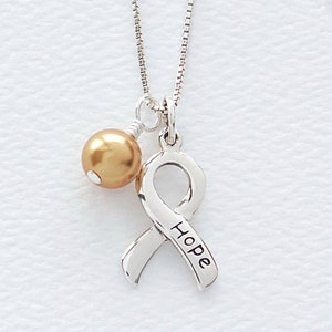 Childhood Cancer Awareness Sterling Silver Necklace with Gold Swarovski Pearl, FREE SHIPPING, Pediatric Adolescent Child Cancer Hope Jewelry