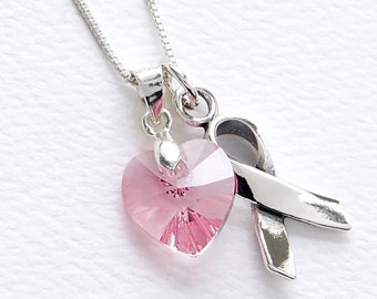 Breast Cancer Necklace, Sterling Silver Breast Cancer Awareness Jewelry, Light Pink Swarovski Crystal, Breast Cancer Survivor, FREE SHIPPING