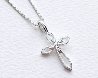 Sterling Silver Cross Pendant Necklace, Floral Center Open Work Design, Religious Jewelry