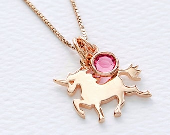 Rose Gold Unicorn and Swarovski Crystal Birthstone Necklace, Girls Birthstone Necklace, Be A Unicorn, Horse Jewelry, Girls Birthday Necklace