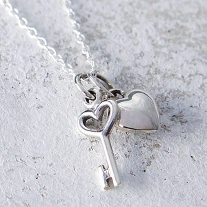 Key and Puffy Heart Sterling Silver Necklace, Tiny Key To My Heart Necklace, FREE SHIPPING, Heart Key Love Jewelry, Valentines Heart Gift