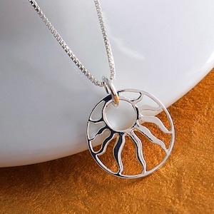 Sterlingzilveren zonketting, brandende zon-hanger, sol-ketting, zonnecel-ketting, zonneschijnketting, zomersieraden, GRATIS VERZENDING