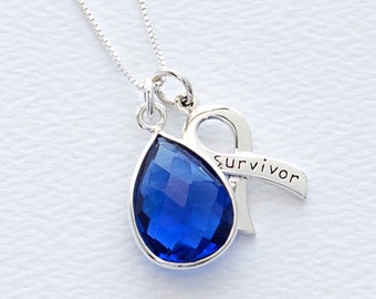 Colon Cancer Sterling Silver Awareness Necklace, Blue Quartz Pendant, Child Abuse, Anti Bullying, Huntington's Disease, FREE SHIPPING