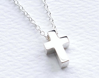 Sterling Silver Cross Bead Necklace, Dainty 3D Cross Crucifix Charm, FREE SHIPPING, Christian Religious Faith Baptism Confirmation Necklace