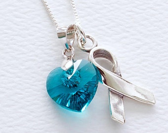 Ovarian, Cervical, Gynecological, Vaginal Cancer, PTSD, Sexual Assault, Tourette's Syndrome Teal Heart Silver Sterling Awareness Necklace