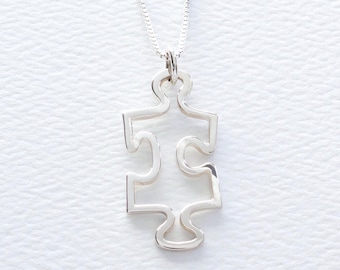 Autism, ASD Puzzle Piece Outline Charm Sterling Silver Necklace, Awareness Gift For Mom, Sister, Daughter, Aunt, Wife, Simple Jigsaw Jewelry