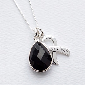 Melanoma Awareness Sterling Silver Necklace, Skin Cancer Jewelry, Black Hydrothermal Quartz Pendant, Engraved Awareness Ribbon FREE SHIPPING