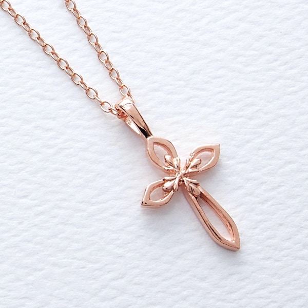 Rose Gold Cross Necklace, 925 Sterling Silver 24k Rose Gold Plated Christian Cross, FREE SHIPPING, Religious Christmas, Baptism Confirmation