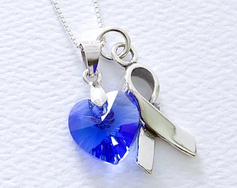 Colorectal Colon Cancer Awareness, Child Abuse Prevention Necklace, Blue Swarovski Crystal Heart, Sterling Silver Support Ribbon Gift