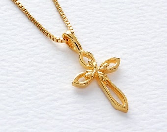 Gold Cross Pendant Necklace, 24k Gold Vermeil Style Cross, Woman's Christian Cross, Christmas Necklace, Religious Jewelry, FREE SHIPPING