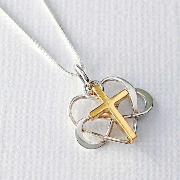 Gold Cross and Sterling Silver Infinity Heart Necklace, 24k Gold Vermeil Style Cross, Cross Gold Pendant, Christian Jewelry, FREE SHIPPING
