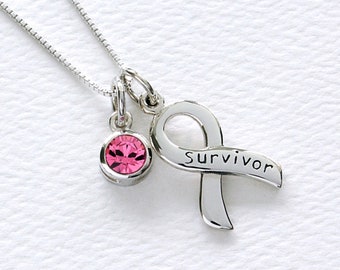 Breast Cancer Awareness Sterling Silver Necklace with Pink Swarovski Crystal Charm, FREE SHIPPING, Survivor Hope Strength Ribbon, Gift Box