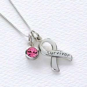 Breast Cancer Awareness sterlingzilveren ketting met roze Swarovski-kristallen bedel, GRATIS VERZENDING, lint Survivor Hope Strength, geschenkdoos