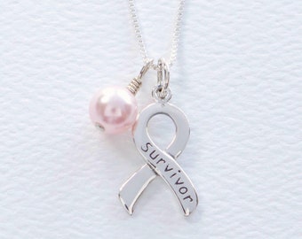 Breast Cancer Awareness Sterling Silver Necklace, FREE SHIPPING, Pink Swarovski Pearl, Survivor Hope Strength Inspirational Ribbon, Gift Box