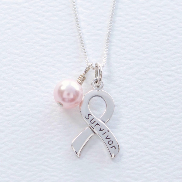 Breast Cancer Awareness Sterling Silver Necklace, FREE SHIPPING, Pink Swarovski Pearl, Survivor Hope Strength Inspirational Ribbon, Gift Box