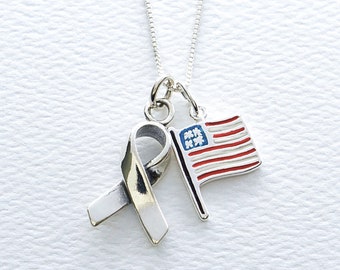 American Flag and Support Ribbon Sterling Silver Necklace, Patriotic Jewelry, Old Glory, Red White Blue, Fourth Of July Gift