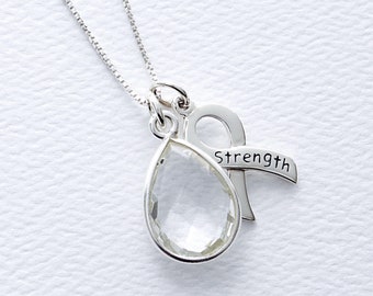 Lung Cancer Awareness Sterling Silver Necklace, Crystal Clear Hydrothermal Quartz Teardrop Pendant, FREE SHIPPING Survivor Hope Strength