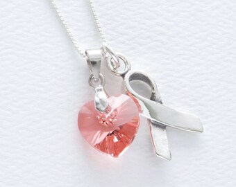 Uterine, Endometrial Cancer Awareness Necklace, Peach Swarovski Crystal Heart and Sterling Silver Support Ribbon, Gift For Cancer Survivor