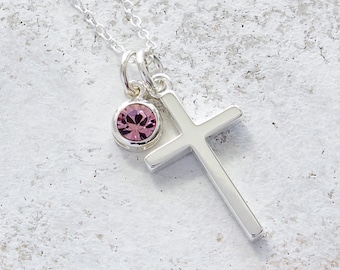 Sterling Silver Cross and Swarovski Crystal Birthstone Necklace, Women's Christian Cross Pendant, Religious Faith Jewelry Gift FREE SHIPPING
