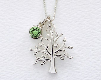 Collar de plata de ley con el Árbol de la Vida y piedra natal de cristal Swarovski. Regalo de árbol genealógico. Joyas de cumpleaños. Collar para el Día de la Madre. ENVÍO GRATIS.
