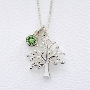Sterling Silver Tree of Life Necklace, 5 mm Diameter Swarovski Crystal Birthstone, Birthday Jewelry