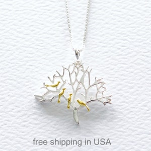 Tree of Life Sterling Silver Necklace with Gold Vermeil Birds, FREE SHIPPING, Family Bird Charm, Christmas Tree Pendant, Nature Jewelry Gift