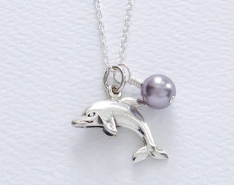 Sterling Silver Dolphin Charm With Swarovski Birthstone Pearl Necklace, Princess Jewelry, Gift for Daughter, Sister, Niece, Best Friend