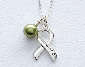 Non-Hodgkins Lymphoma Sterling Silver Awareness Necklace, Silver Ribbon Word Charm, Green Swarovski Pearl, Chemo Patient Gift, FREE SHIPPING