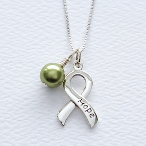 Non-Hodgkins Lymphoma Sterling Silver Awareness Necklace, Silver Ribbon Word Charm, Green Swarovski Pearl, Chemo Patient Gift, FREE SHIPPING